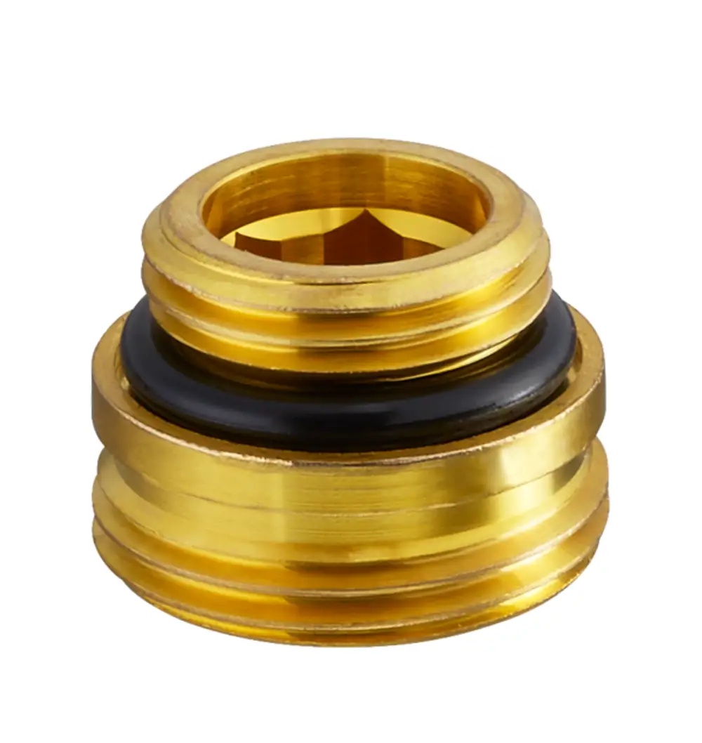 Messing Einschraubstutzen mit schwarzem O-Ring, geeignet für Oventrop Multiflex-Systeme, selbstdichtend. Abbildung zeigt das Produkt ohne zusätzliche Verpackung.